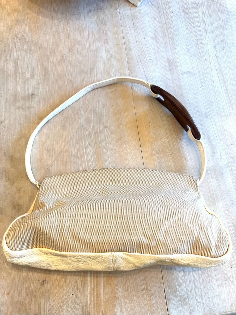 Vintage Escada Exotics Neutral Cream & Tan Shoulder Bag with Wood Accent - Picture 7 of 9